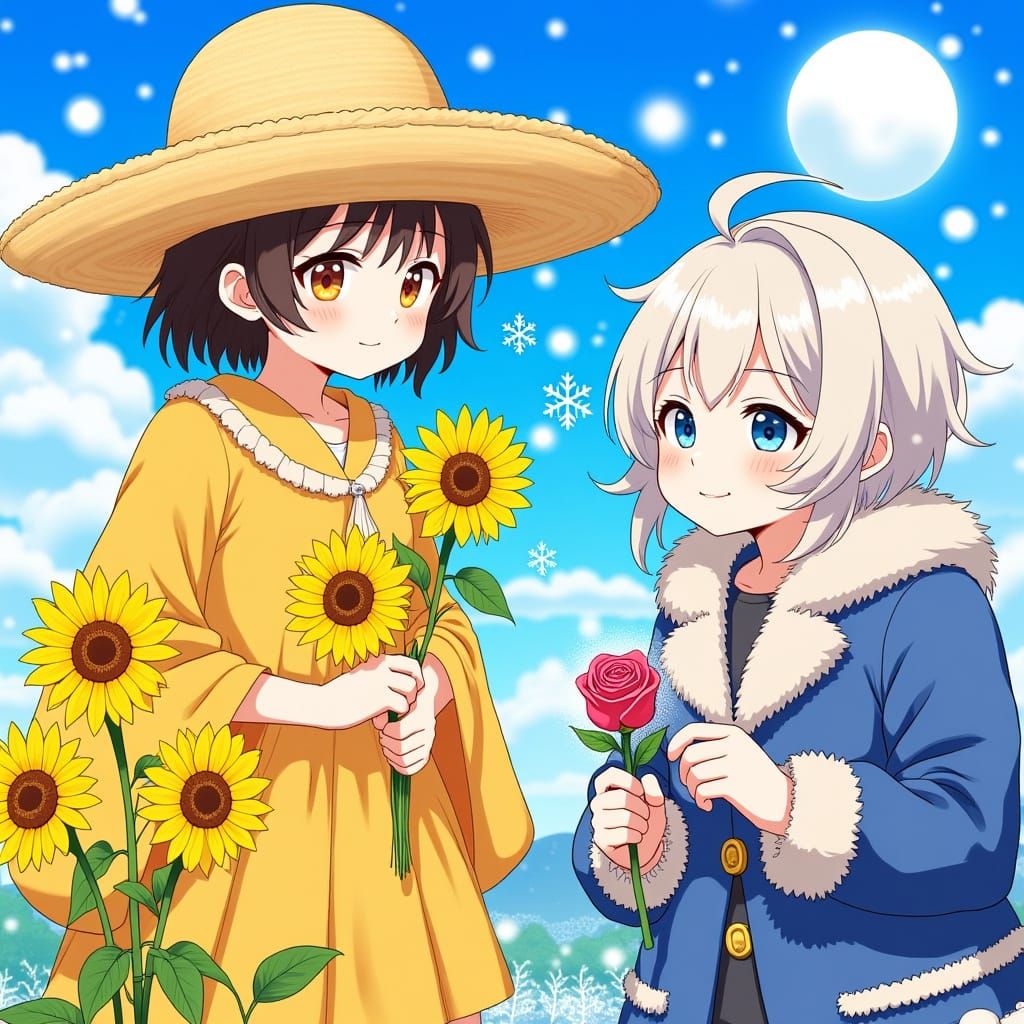 Summer Girl Meets Winter Girl Under Dual Skies