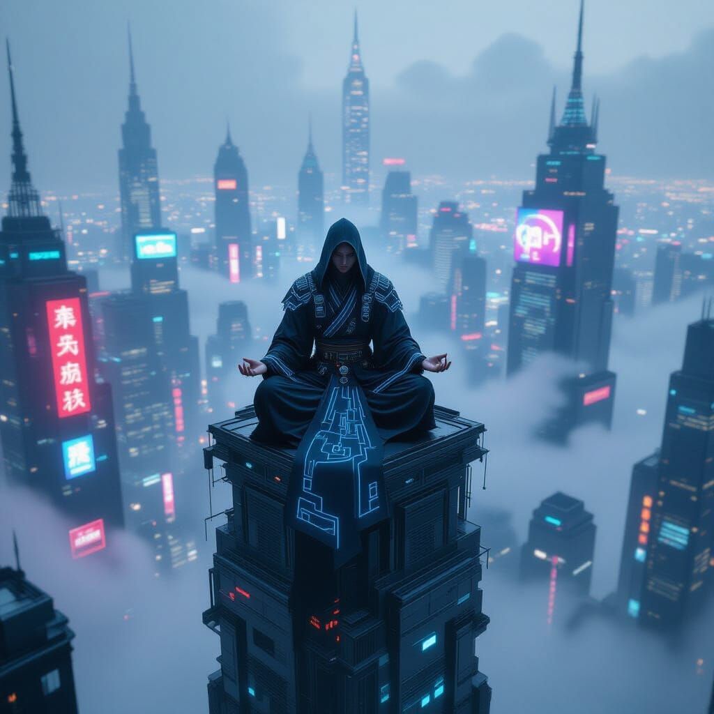 Cyberpunk Monk Meditates Atop Skyscraper