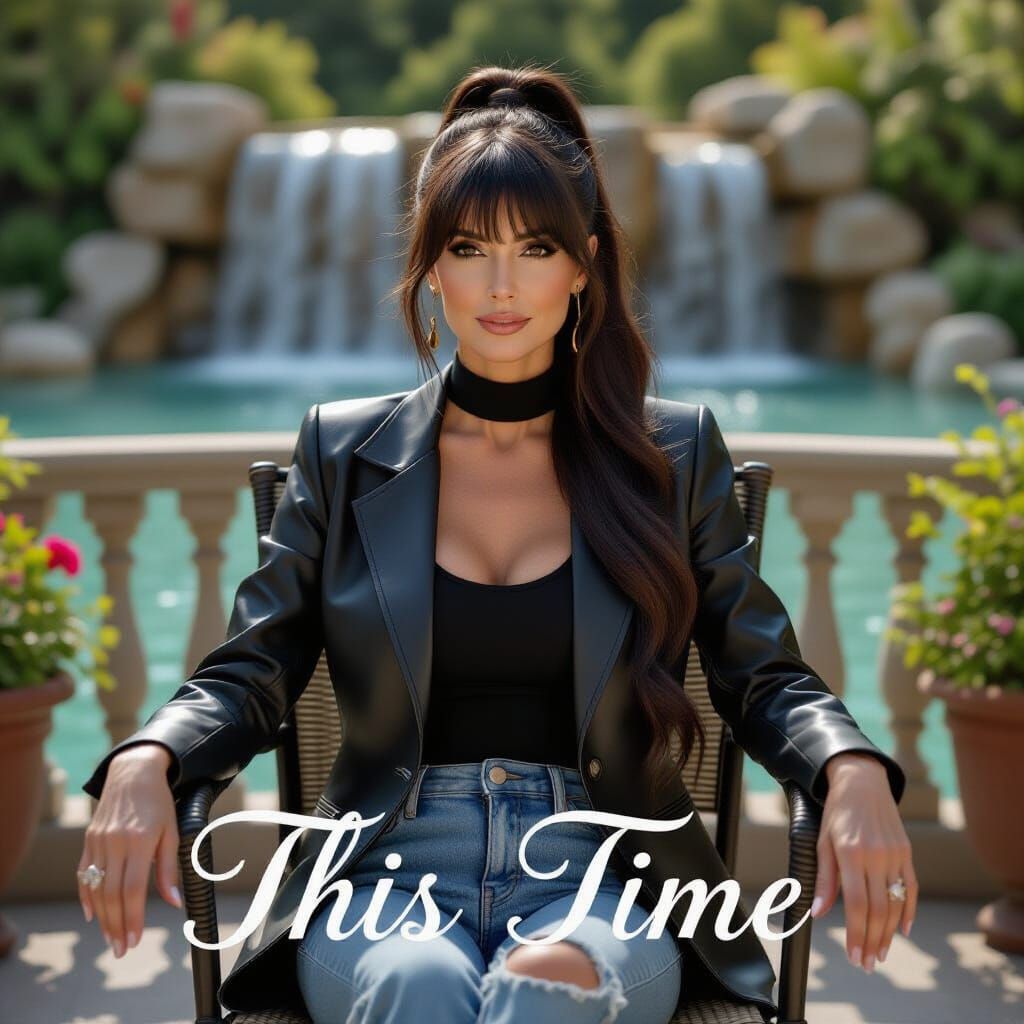 Elegant Woman on Garden Terrace with Waterfall