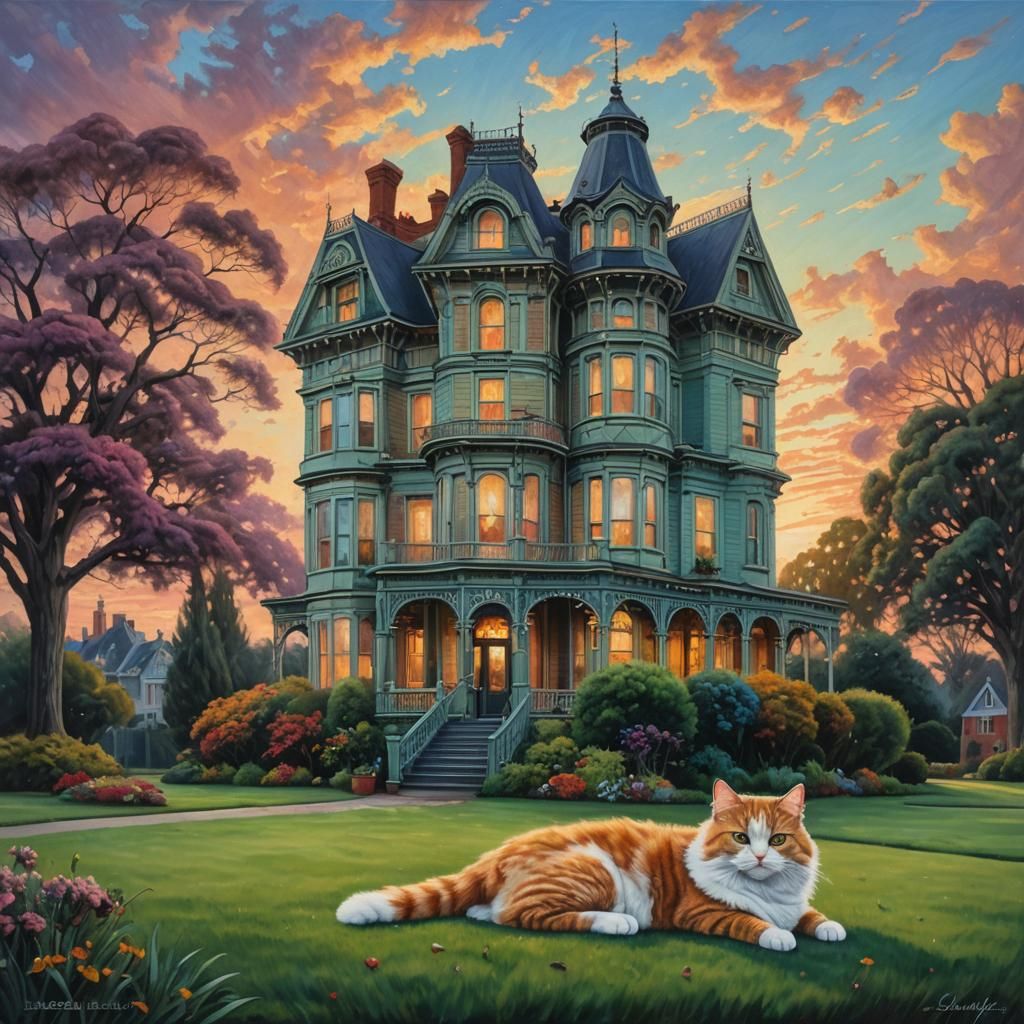 Victorian Mansion Under Multicolored Sky with Fluffy Cat
