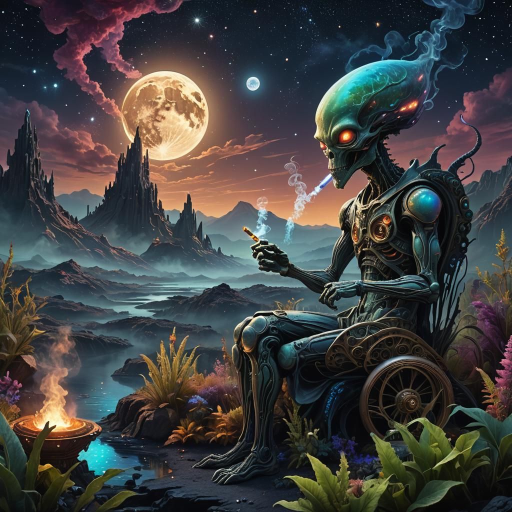 Wealthy Alien Smoking in Mystical Landscape