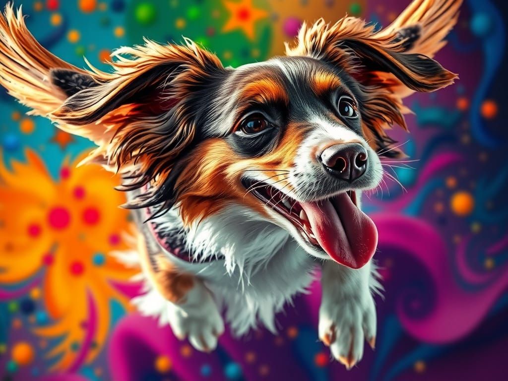 Hyperrealistic Flying Dog in Vibrant Splash Art Style