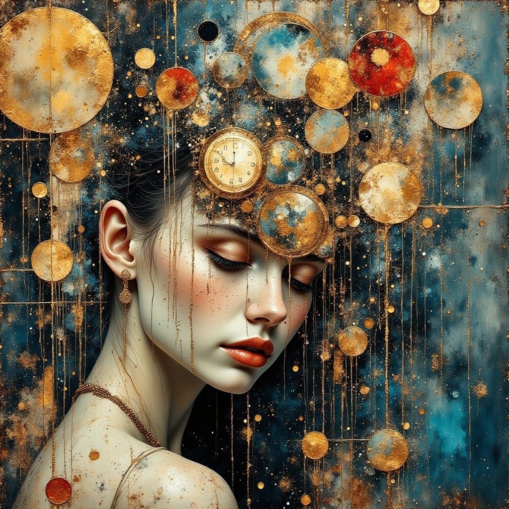 Girl and Clock in Glitch Art Style