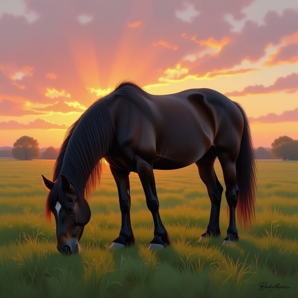 Majestic Friesian Horse Grazing at Sunrise in Oil Paint
