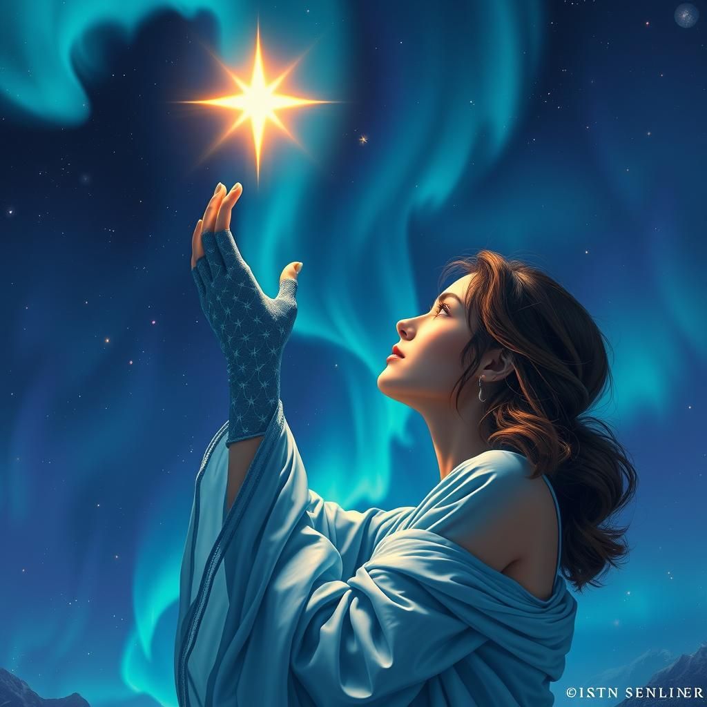 Celestial Woman Touching a Star in Fantasy Landscape