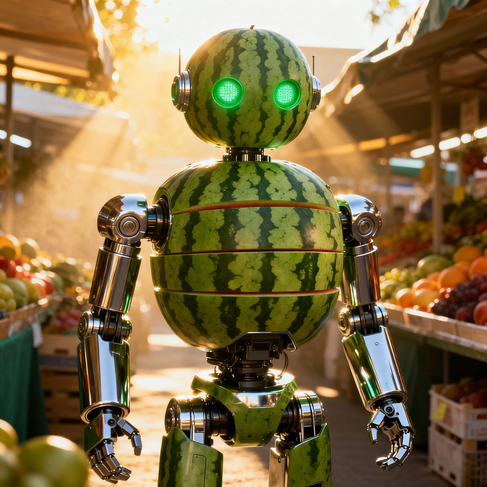 Hyperrealistic Watermelon Robot in Vibrant Fruit Market