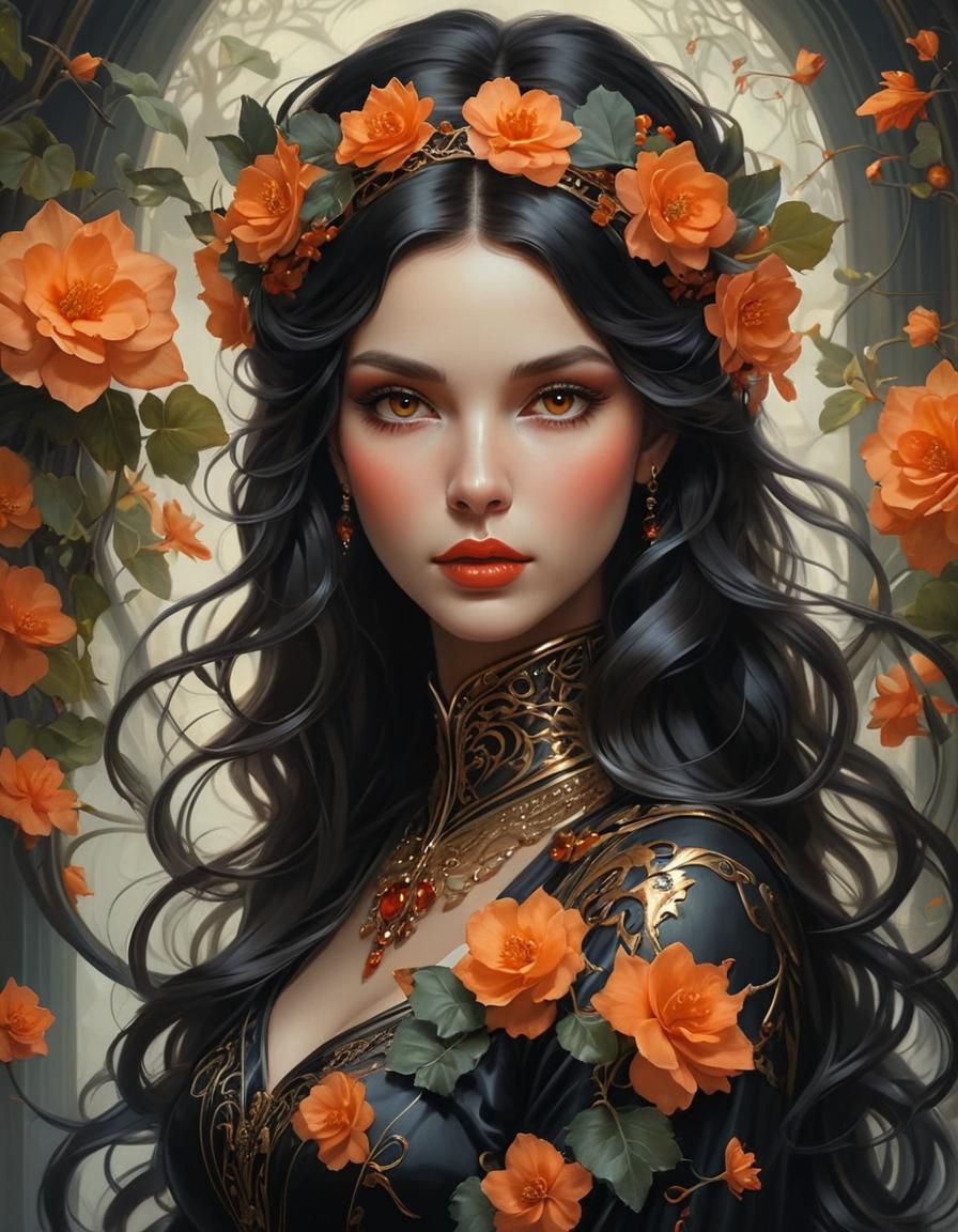 Gorgeous Queen with Orange Begonias, Digital Painting