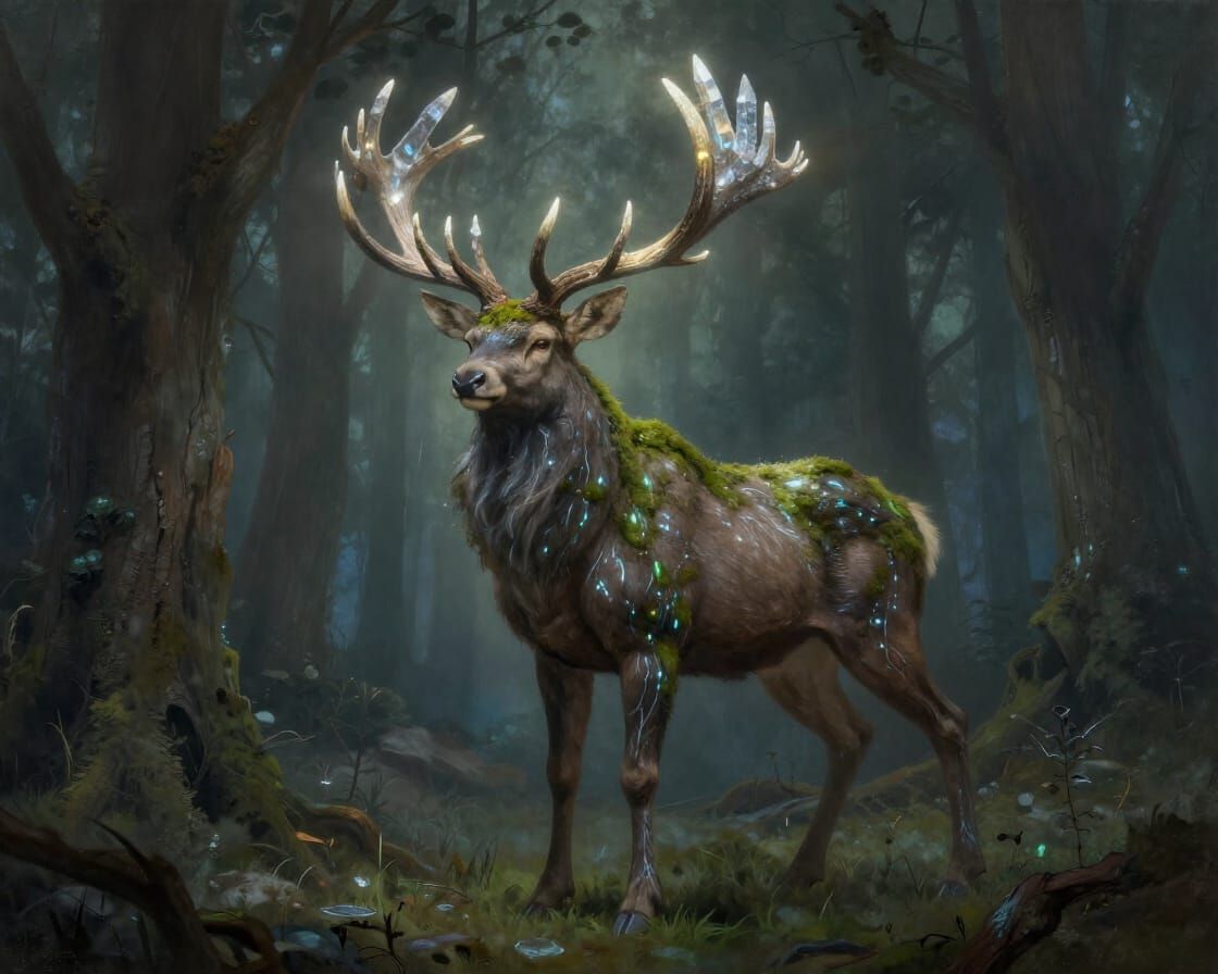 Mythical Crystal Antler Stag in Twilight Forest
