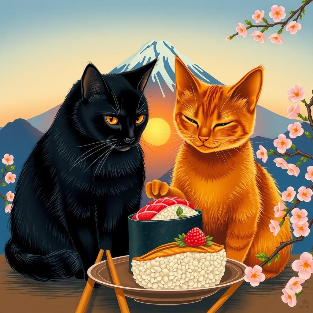 Whiskered Cats Savoring Sushi: Ukiyo-e Woodblock Print