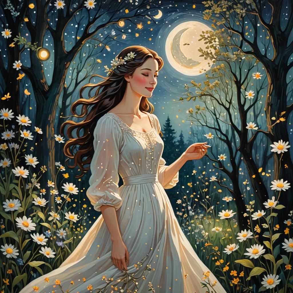 Woman in Moonlit Garden: Whimsical Folk Art