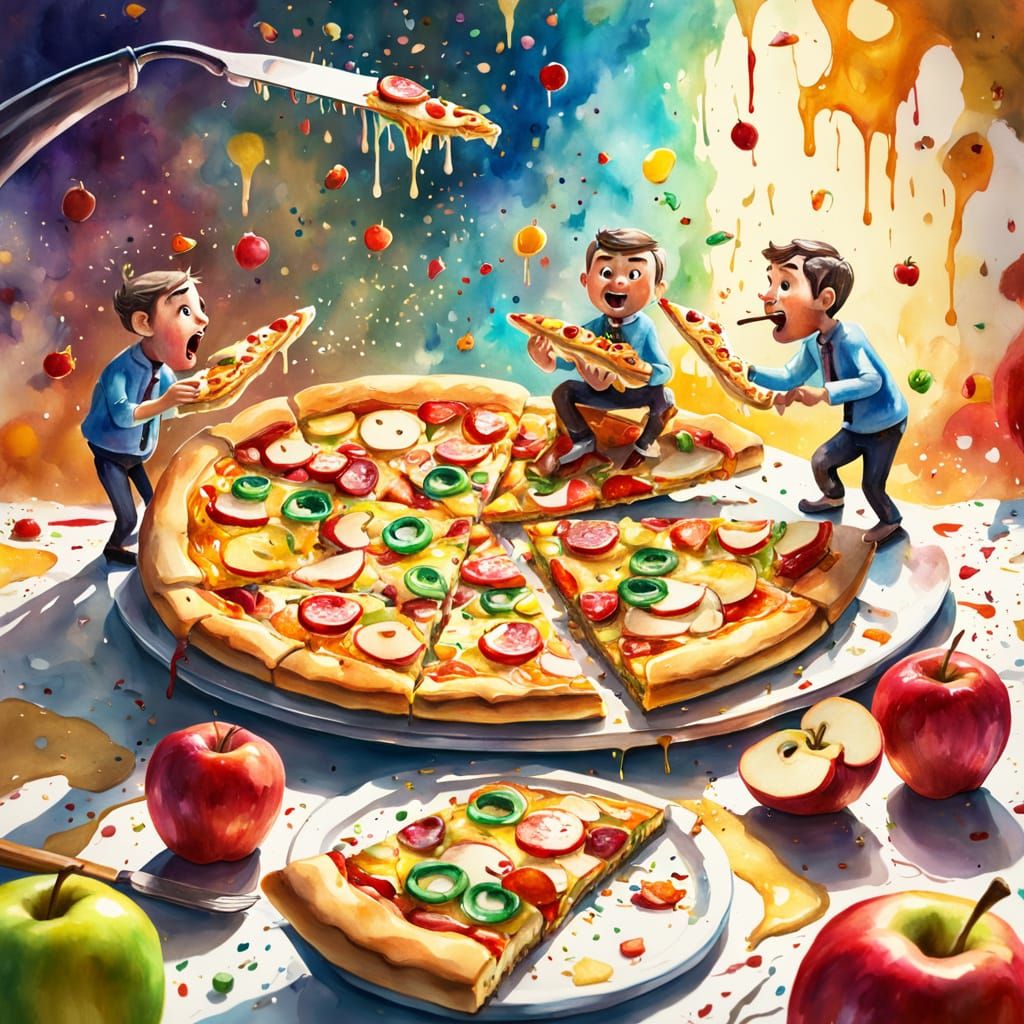 Miniature Men Enjoying Pizza Inside Apple