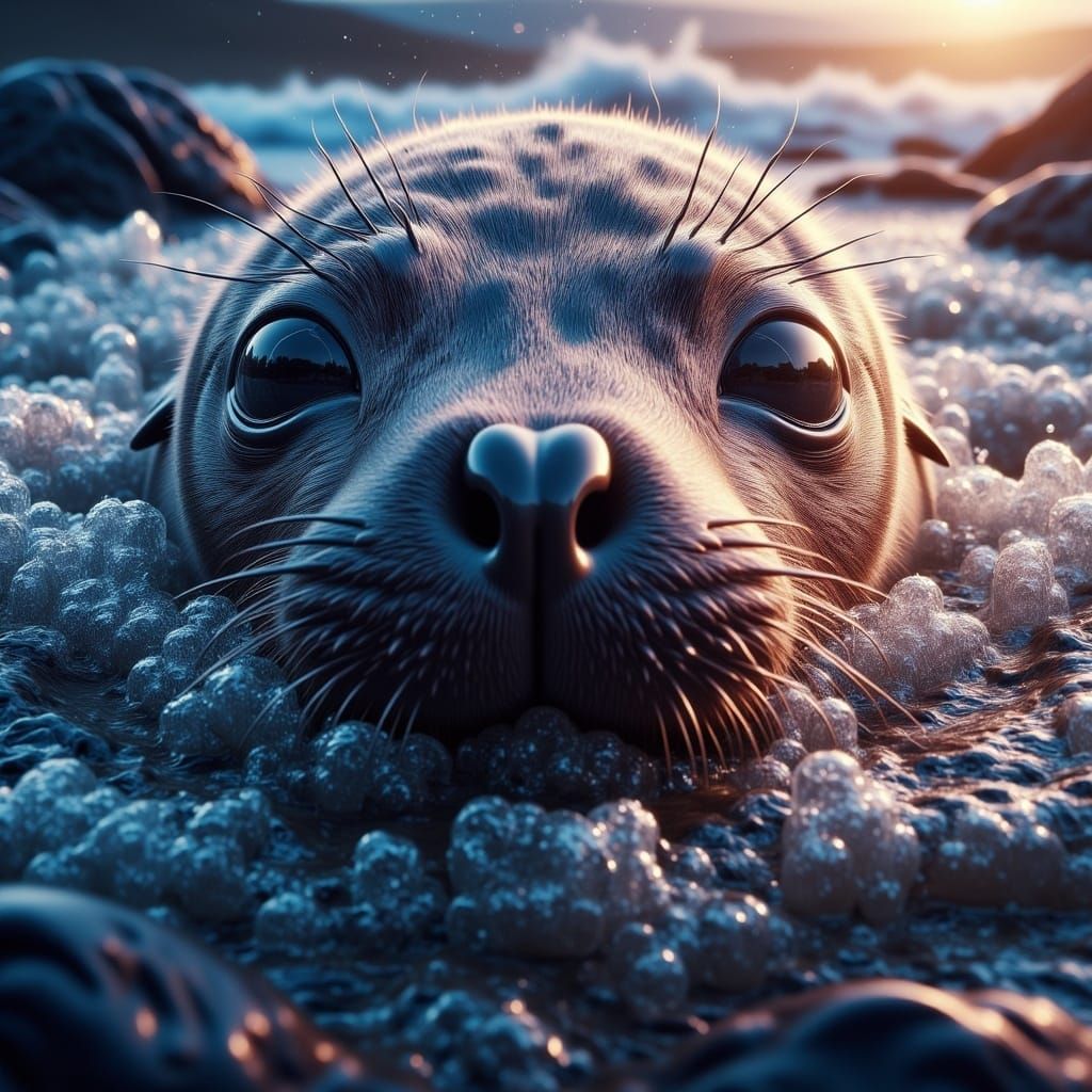 Hyperrealistic Spotted Seal Close-up in Ethereal Waters
