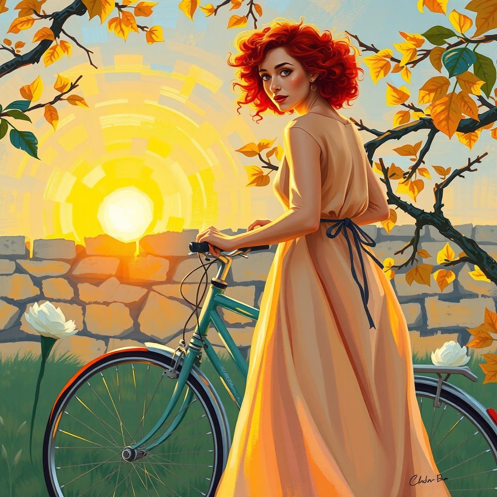 Redhead with Bicycle: Impressionist Country Scene