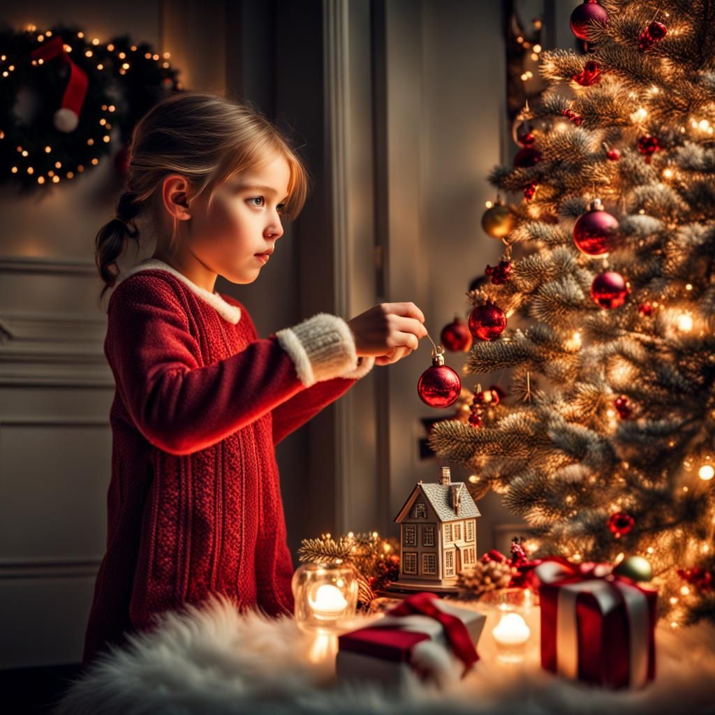 Girl Decorating for Christmas in Hyperrealistic Style