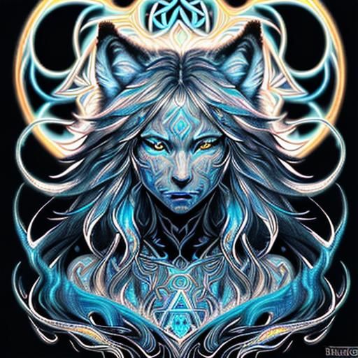 Mystical Flame Wolf in Celtic Jewelry, Anime Style