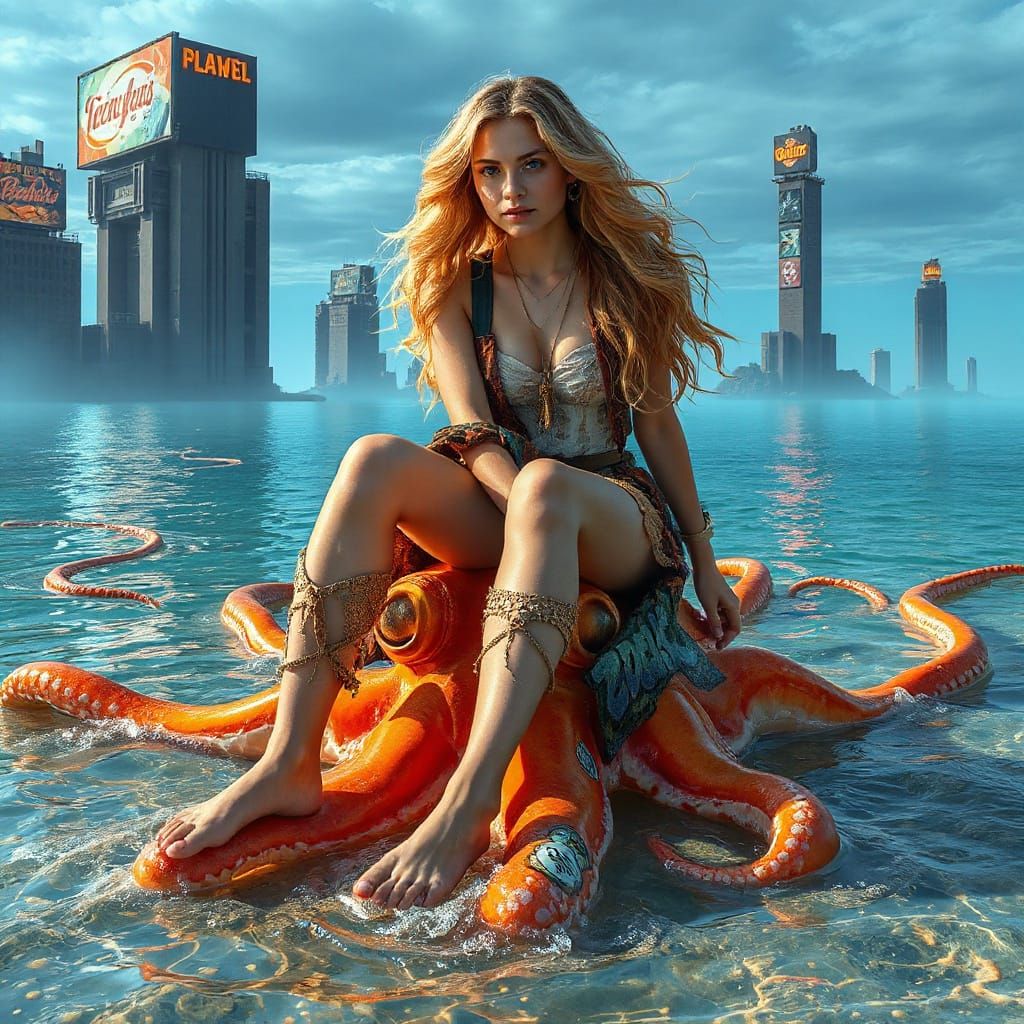 Luminous Woman on Iridescent Squid in Surreal Soda Sea
