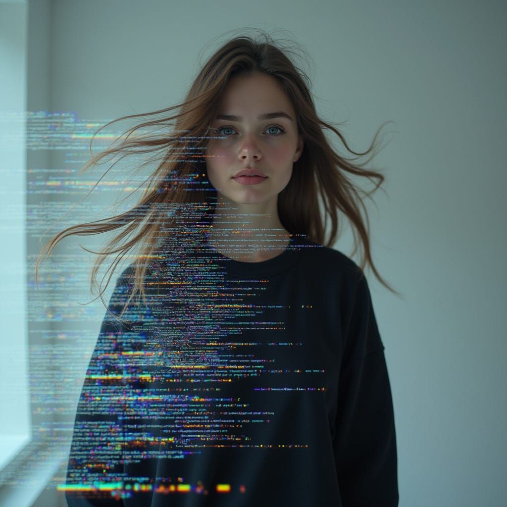 Young Woman Surrounded by Digital Artifacts in Abstract Styl...