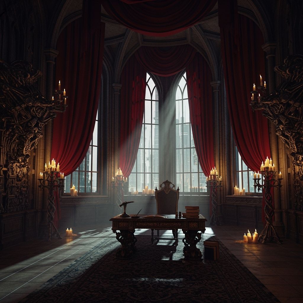 Gothic Chamber with Velvet Curtains in Dramatic Lighting