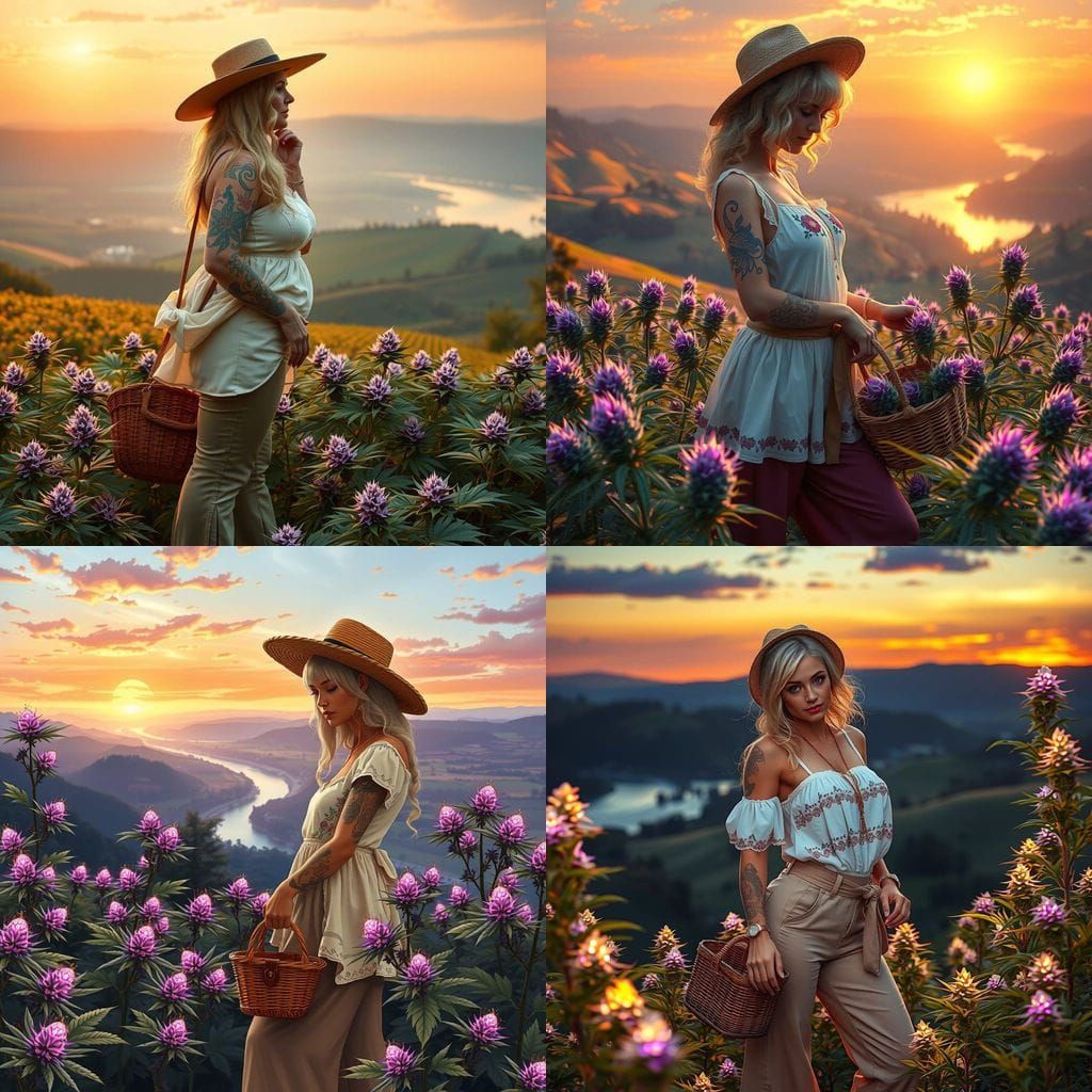 Vintage Farm Goddess Amidst Lush Cannabis Fields