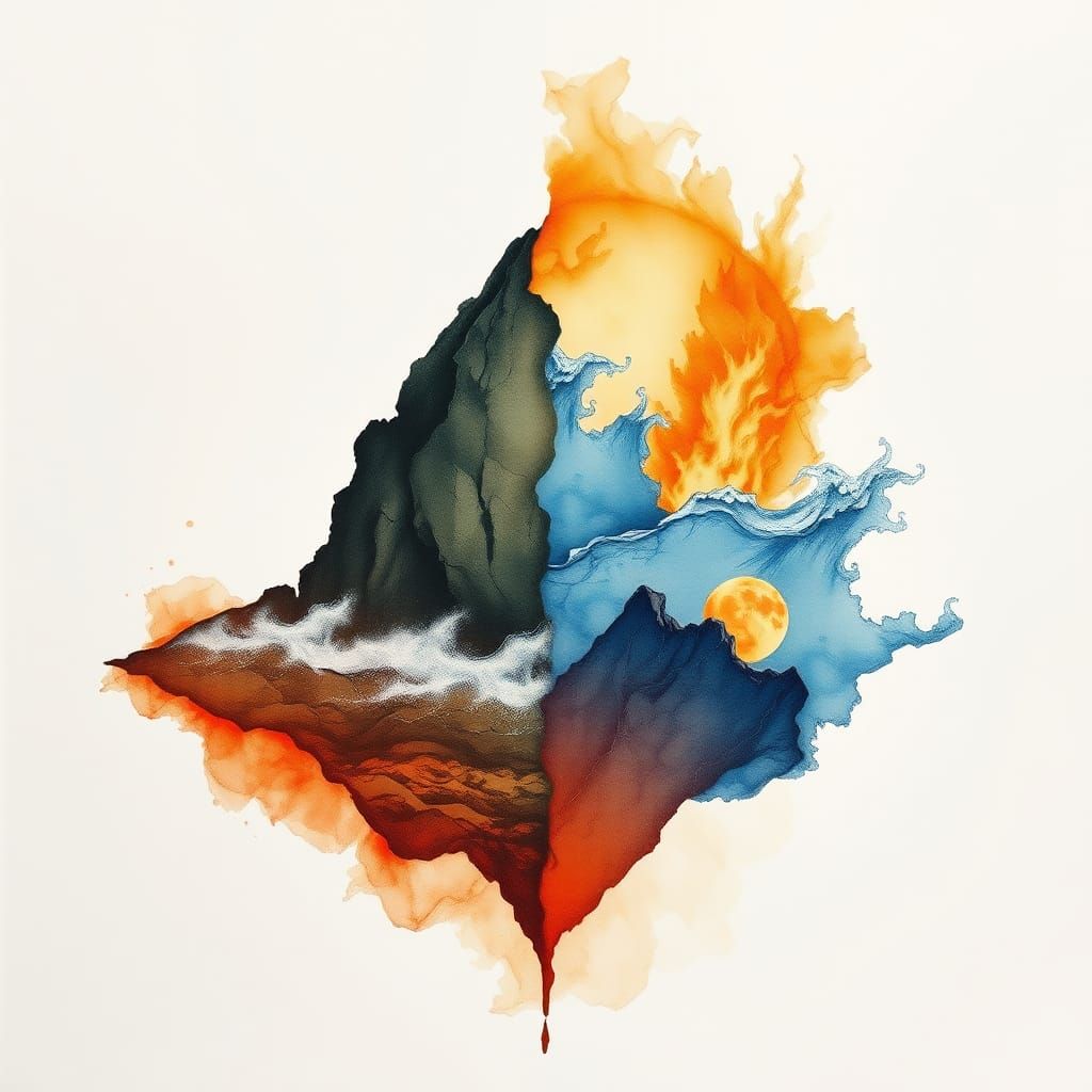 Elemental Double Exposure Art in Ink Painting Style