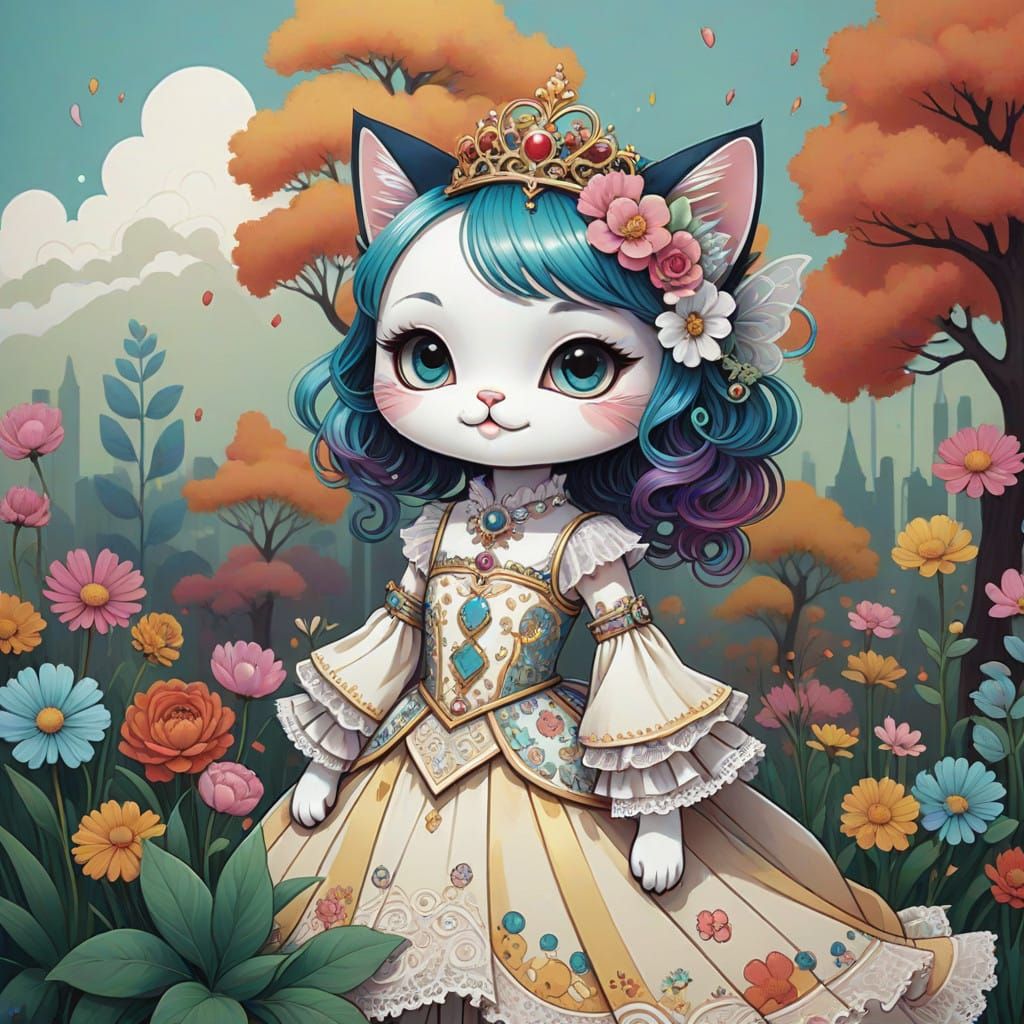 Regal Anime Kitten in Royal Dress and Tiara