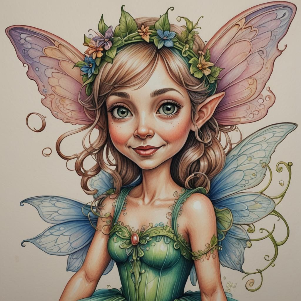 Colored  pencil caricature of a whimsical fairy