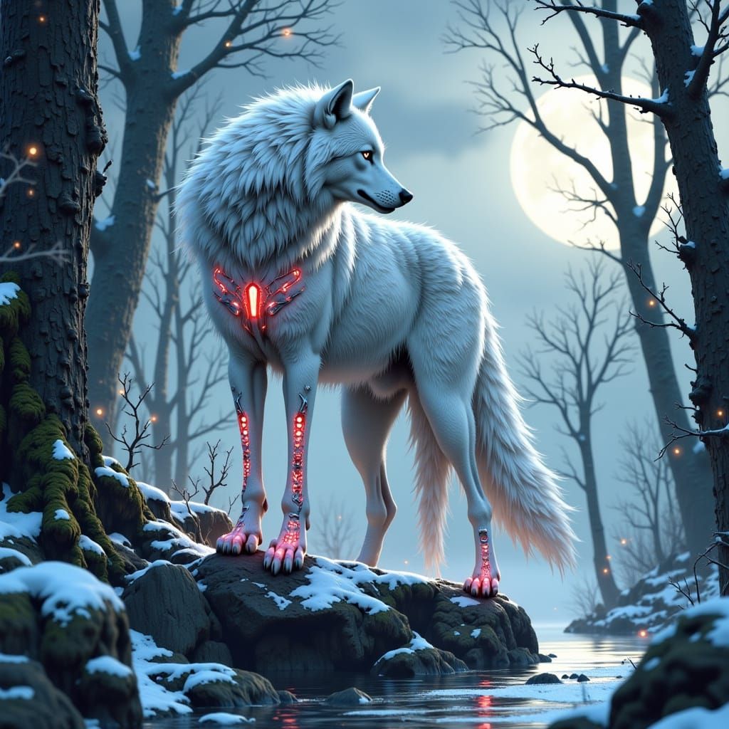 Futuristic White Wolf in Snowy Landscape