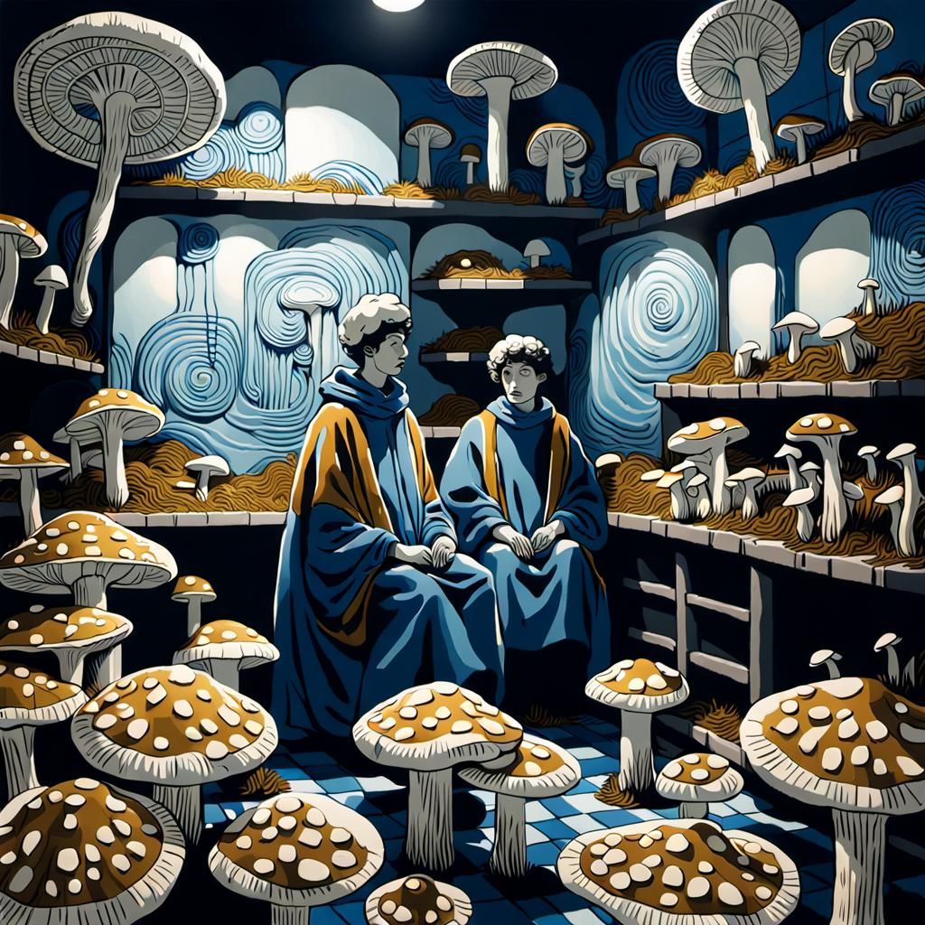 Activists Tending Glowing Mushrooms: Expressionist Linocut