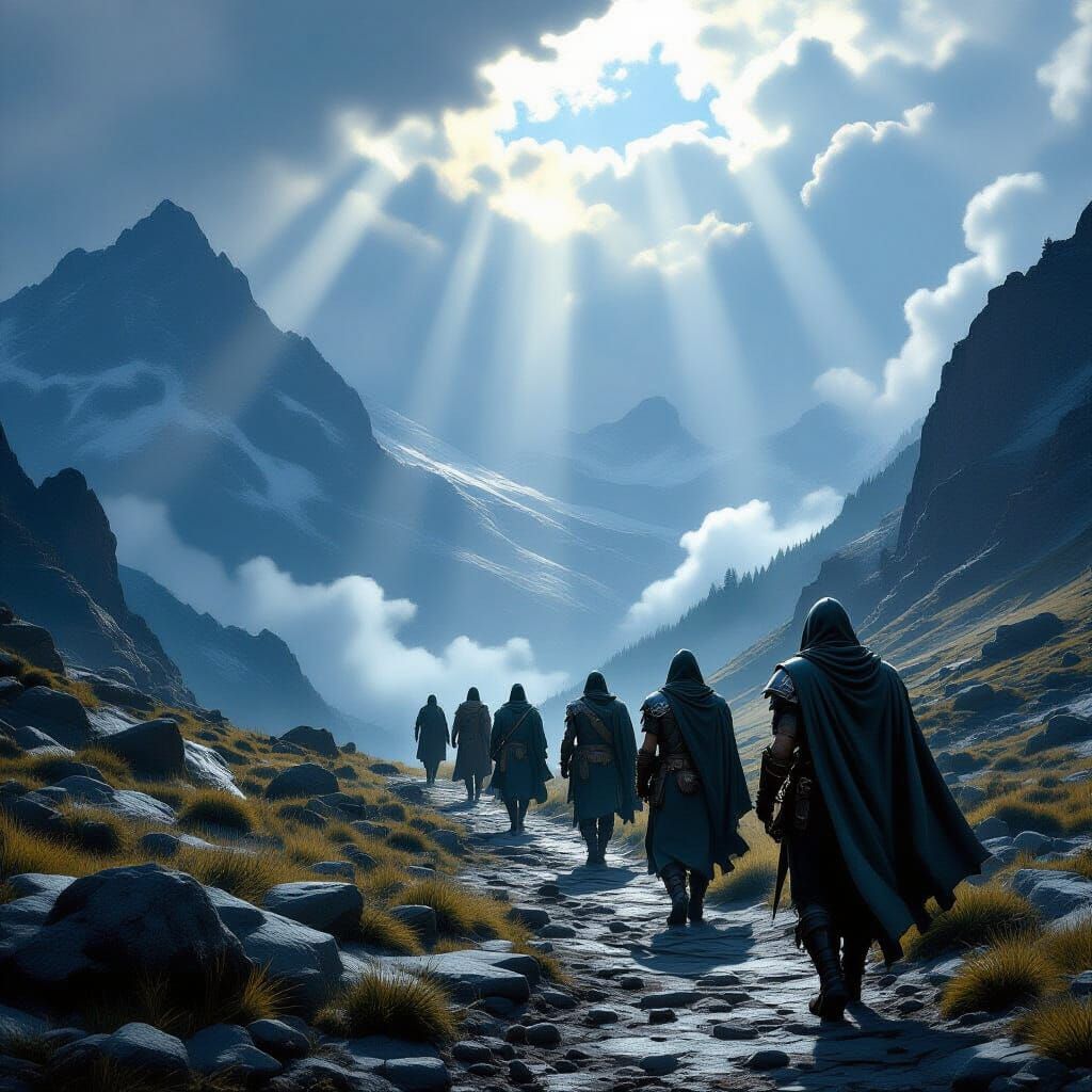 Adventurers on Mountain Path in Heroic Fantasy Style