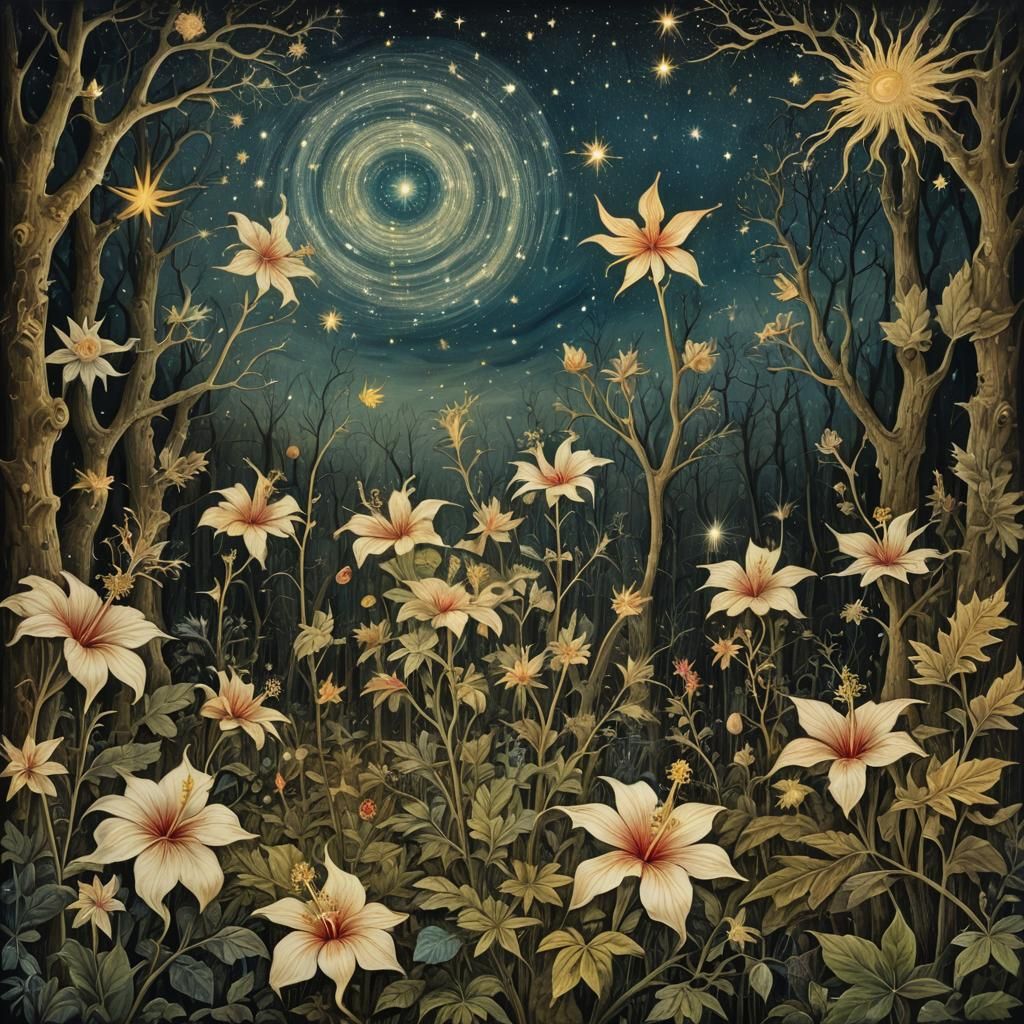 Surreal Cyborg Forest with Starry Constellations