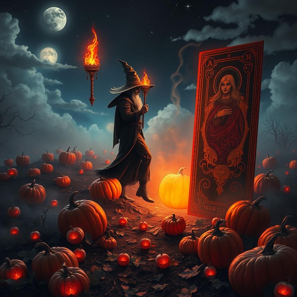 Sorcerer in Pumpkin Patch Stepping Through Tarot Card