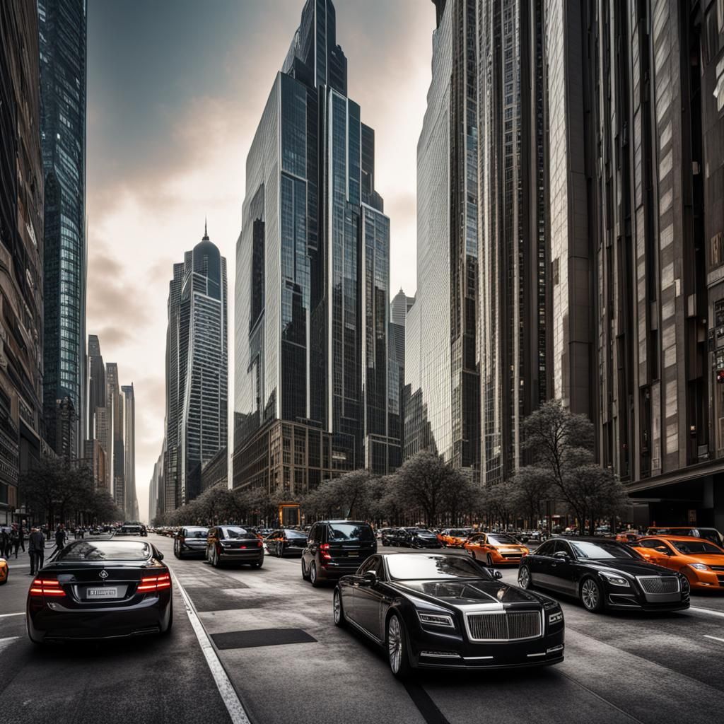 Stunning Cityscape with Skyscrapers and Luxury Cars