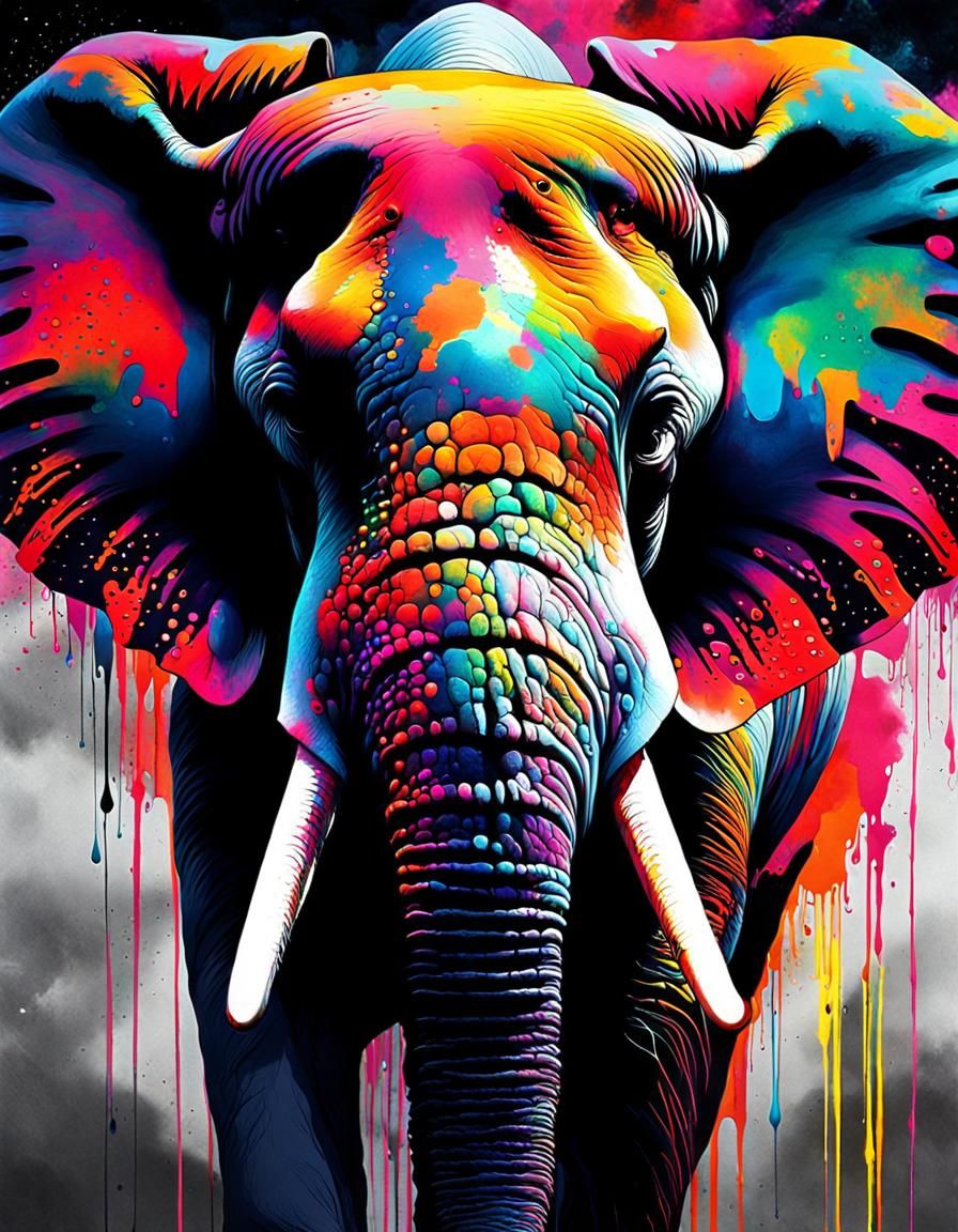 Elephant's Psychedelic Dreamscape with Dripping Neon Paint