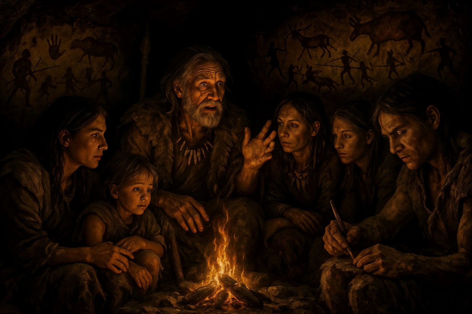 Stone Age Cave Interior with Firelight: Digital Art