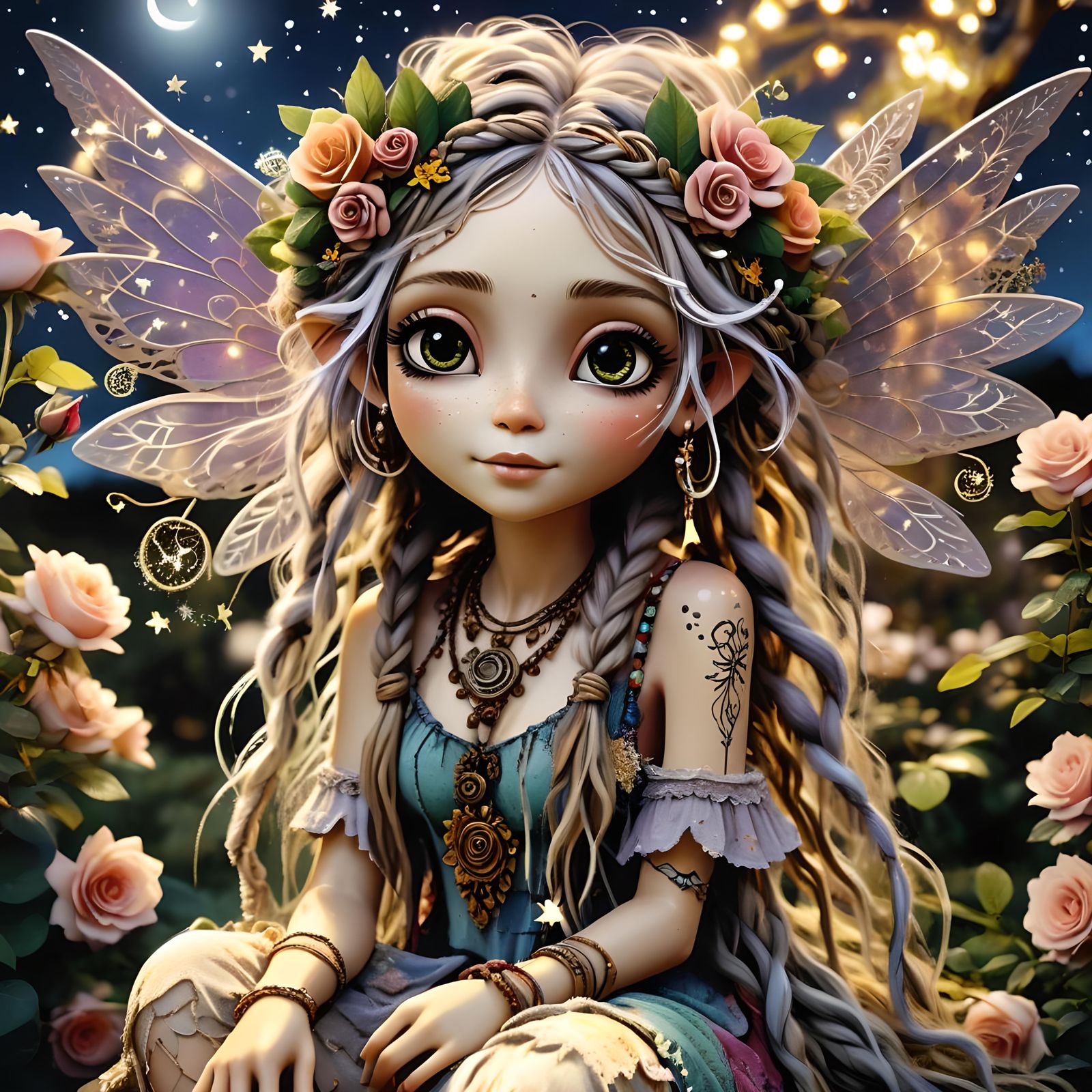 Whimsical Pixie in Rose Garden: Digital Art