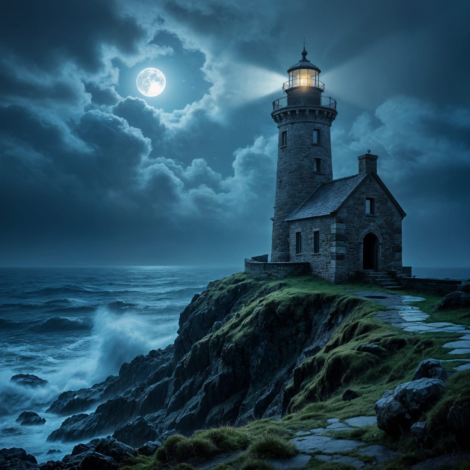Ancient Lighthouse Beam Pierces Stormy Night Sea