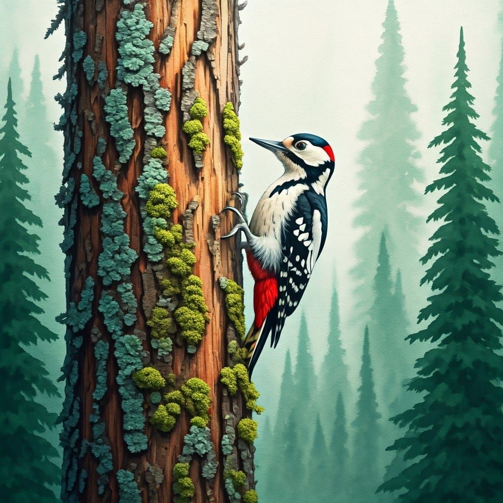 Woodpecker in Boreal Forest Watercolor Illustration