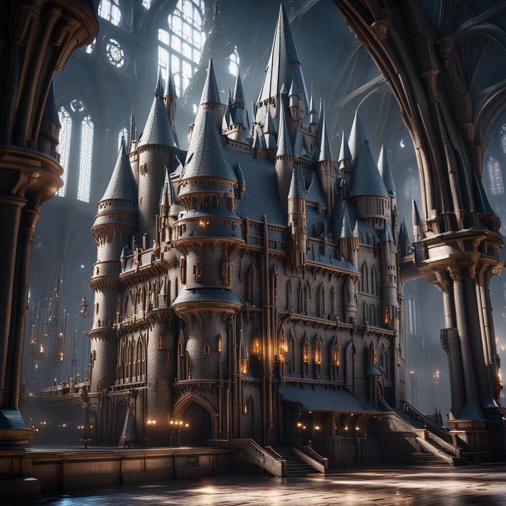 Futuristic Hogwarts Castle with Intricate Mech Details