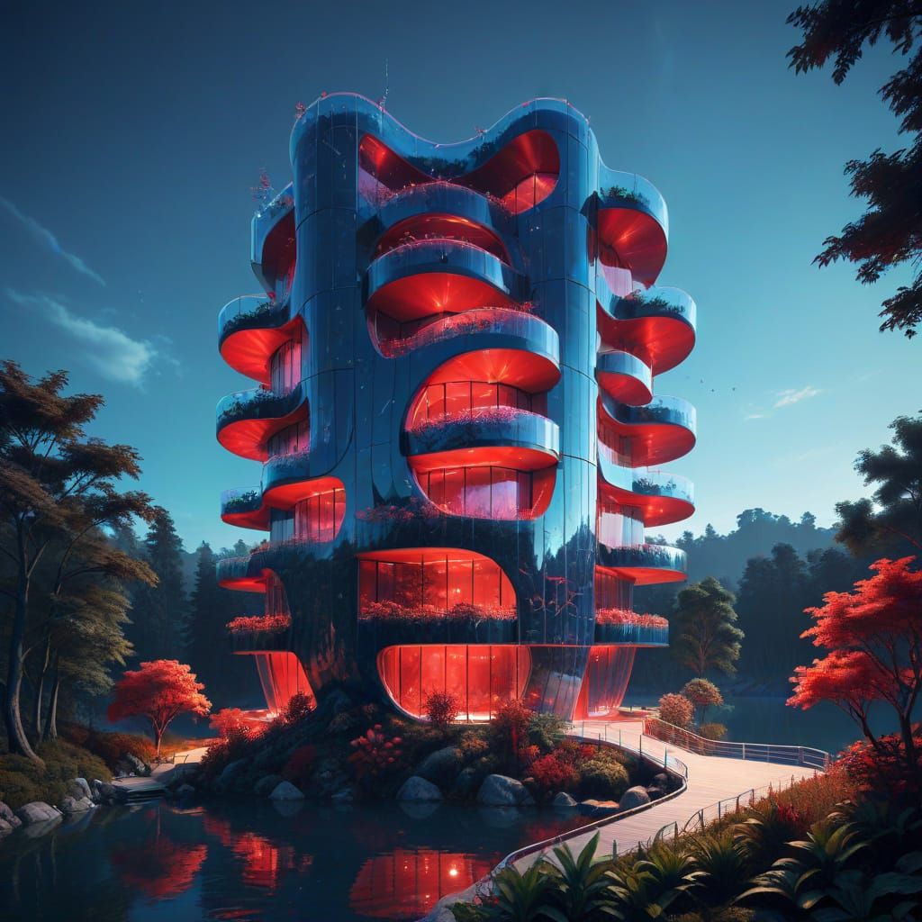Futuristic Flower Building with Red Accents in Synthwave Sty...
