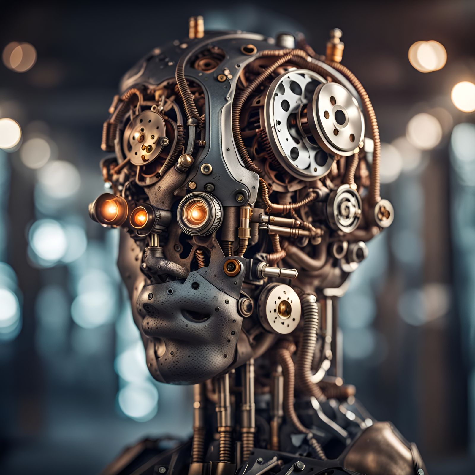 Steampunk Cyborg with AI Brain in Professional Photo