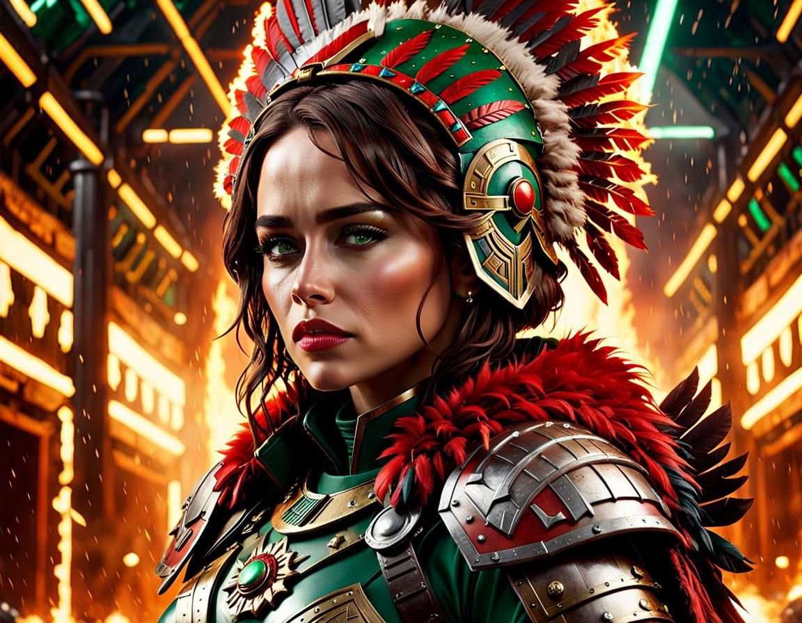Female Space Marine with Aztec Headdress in Cyberpunk Style