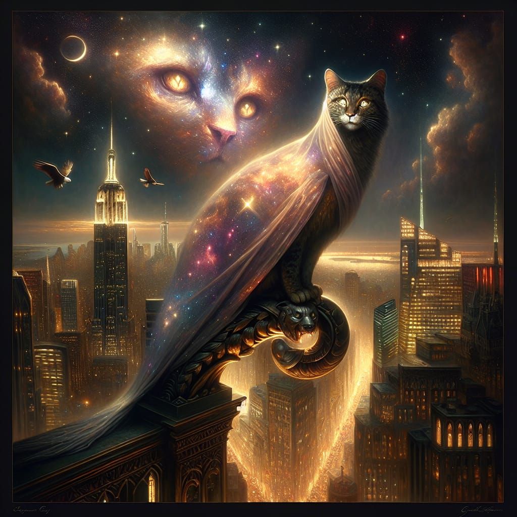 Cosmic Feline Overlook: Radiant Light in Cityscape
