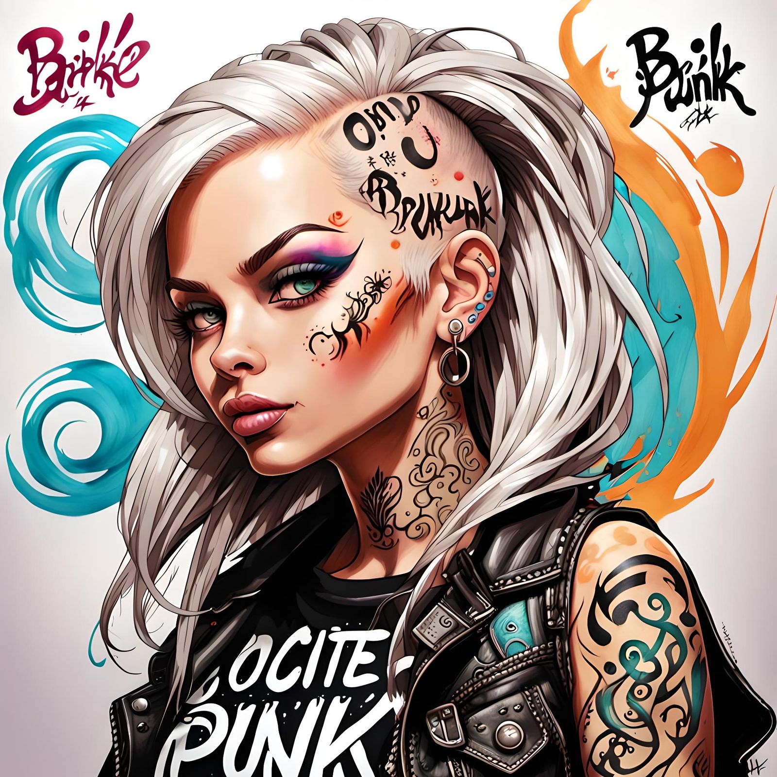 Barbiepunk Portrait in Calligraphic Tattoo Sketch Style