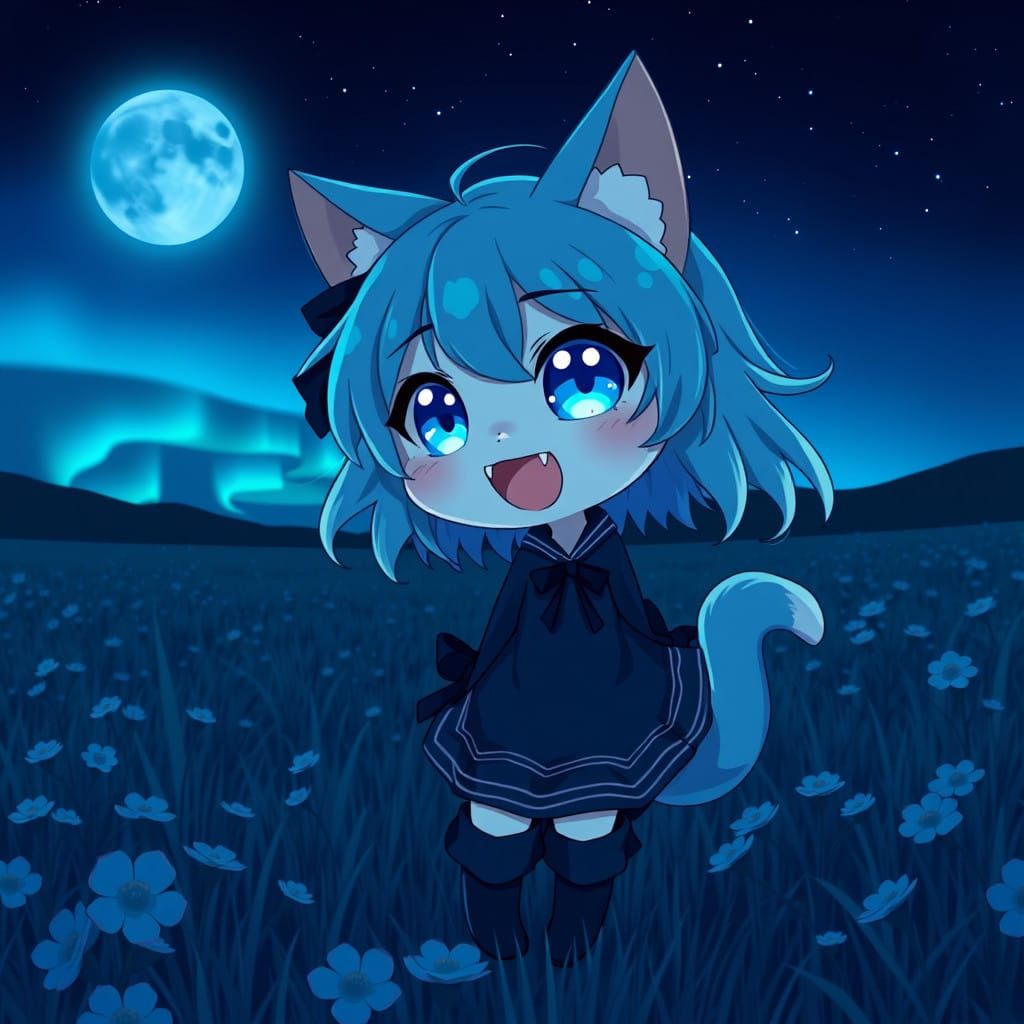 Magical Catgirl under a Starry Blue Aurora