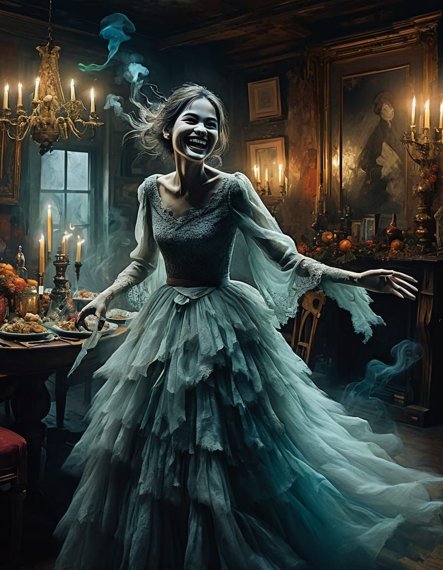 Ghostly Woman Celebrates New Year in Haunted House Party