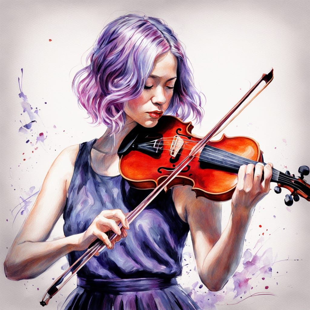 Pencil Sketch Painting of Woman Playing Violin