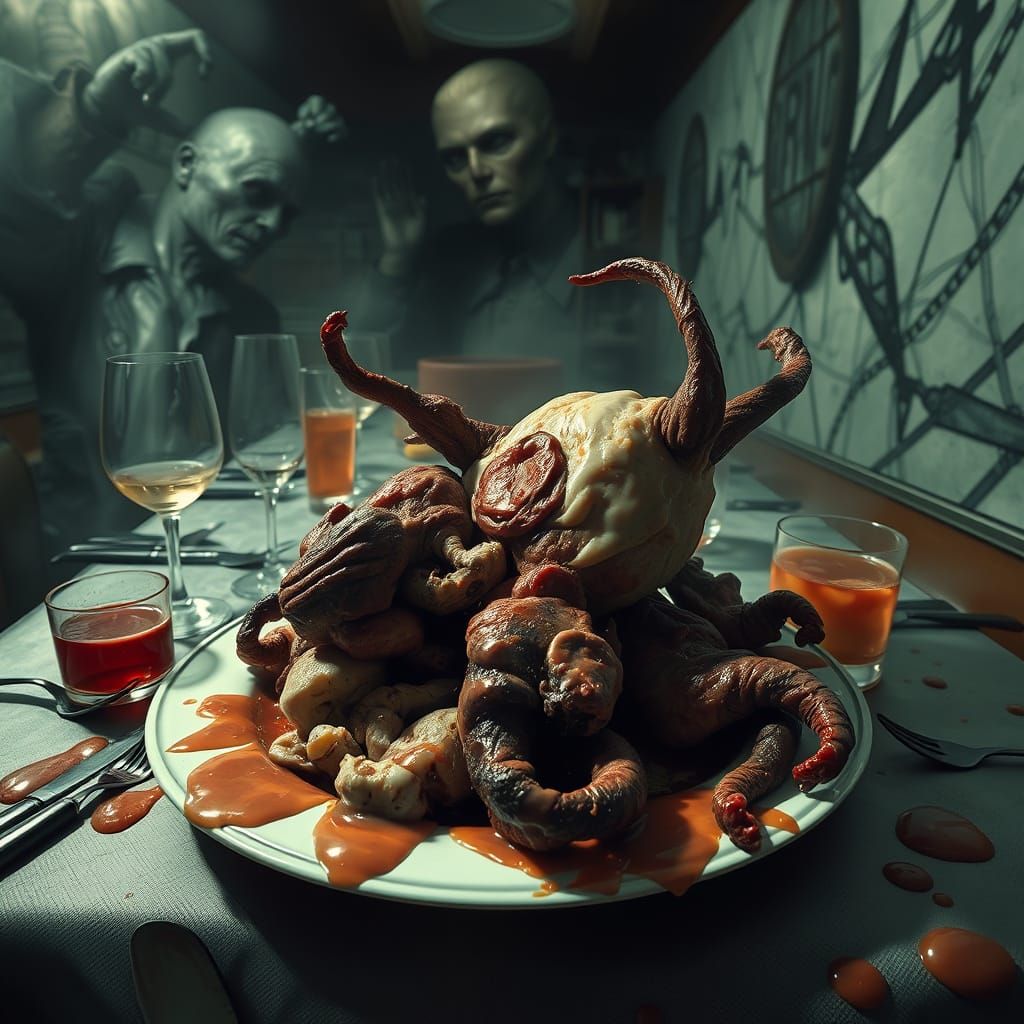 Surreal Horror Banquet Scene in a Grim Diner