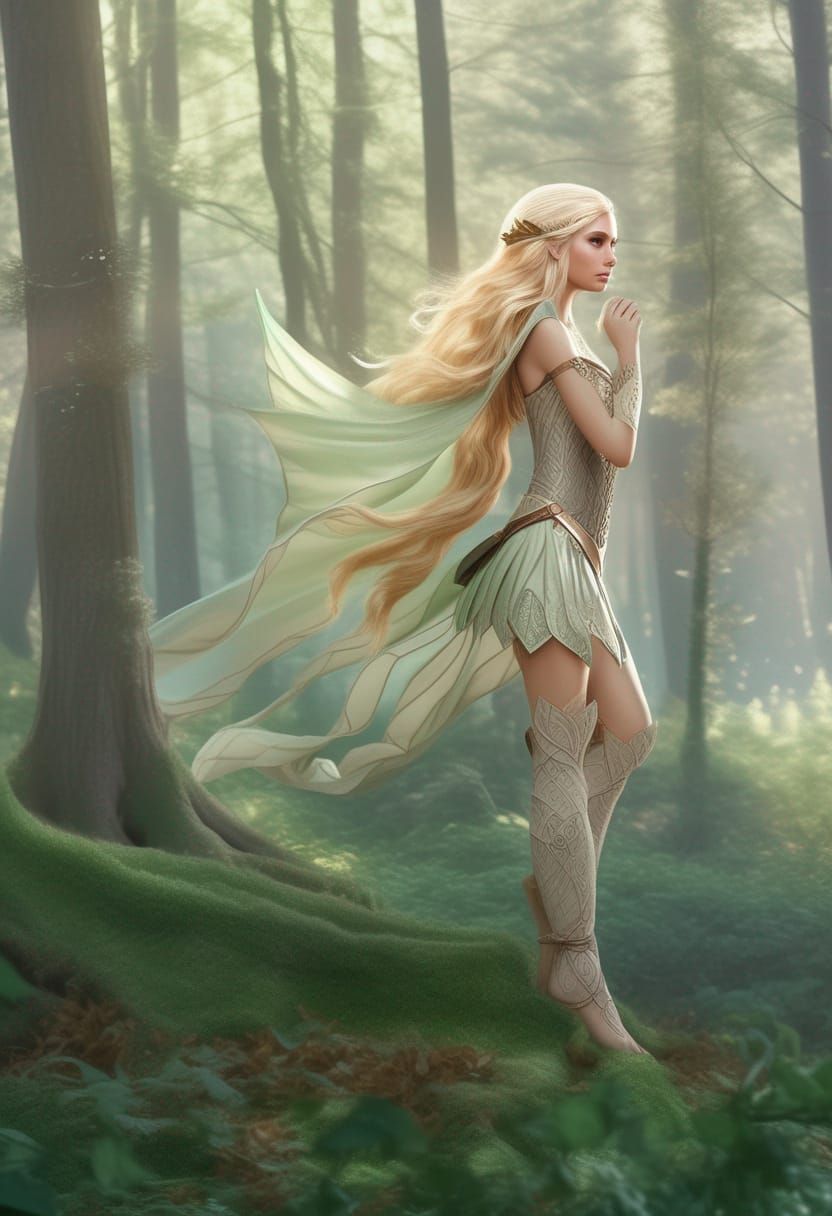 Hyperrealistic Elf with Flowing Hair in Forest