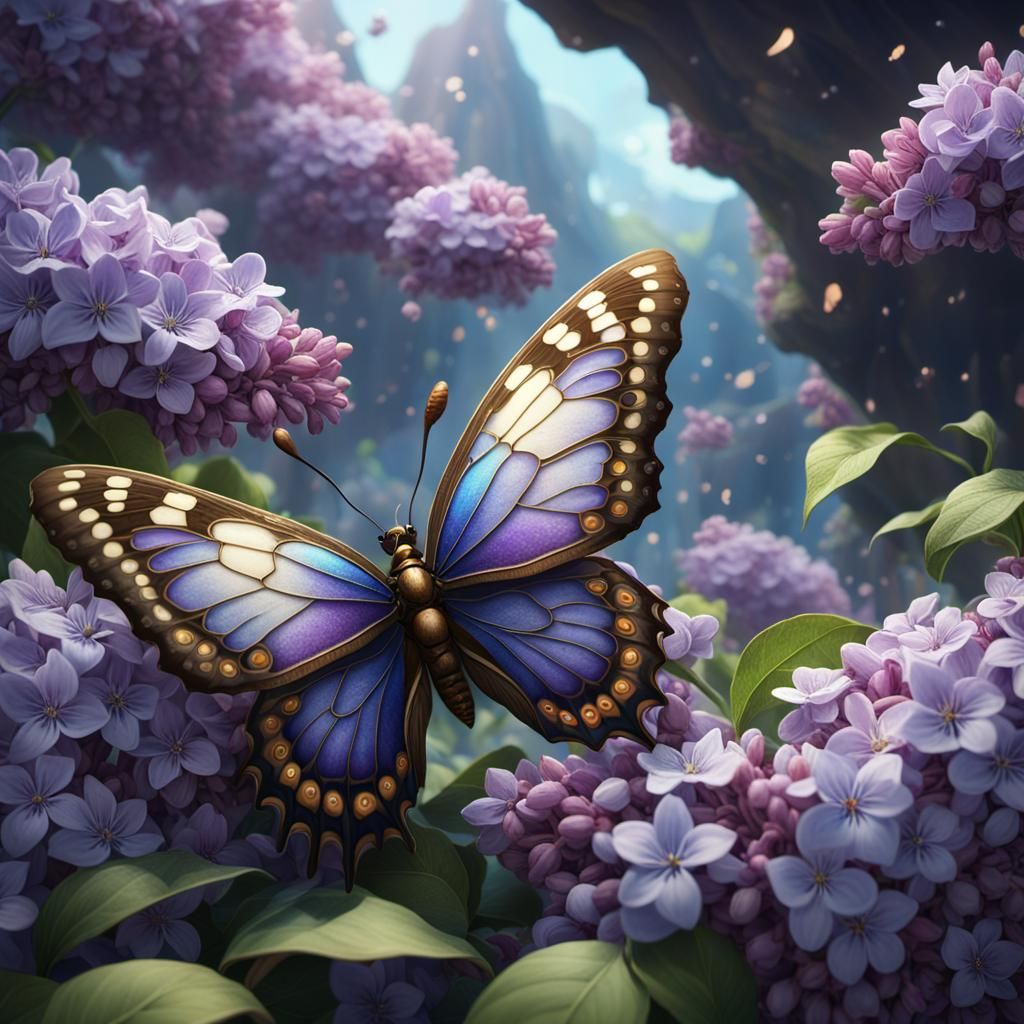 Cloisonné Butterfly Among Lilacs: Fantasy Concept Art
