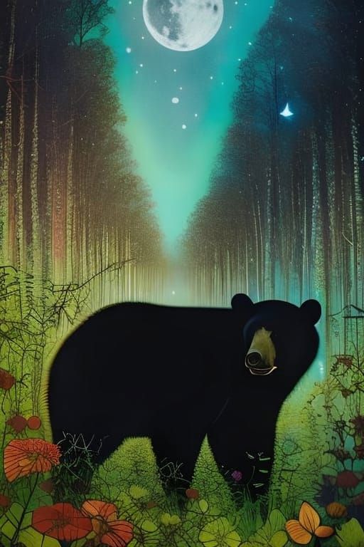 Black Bear Silhouette in Moonlit Fairy Forest